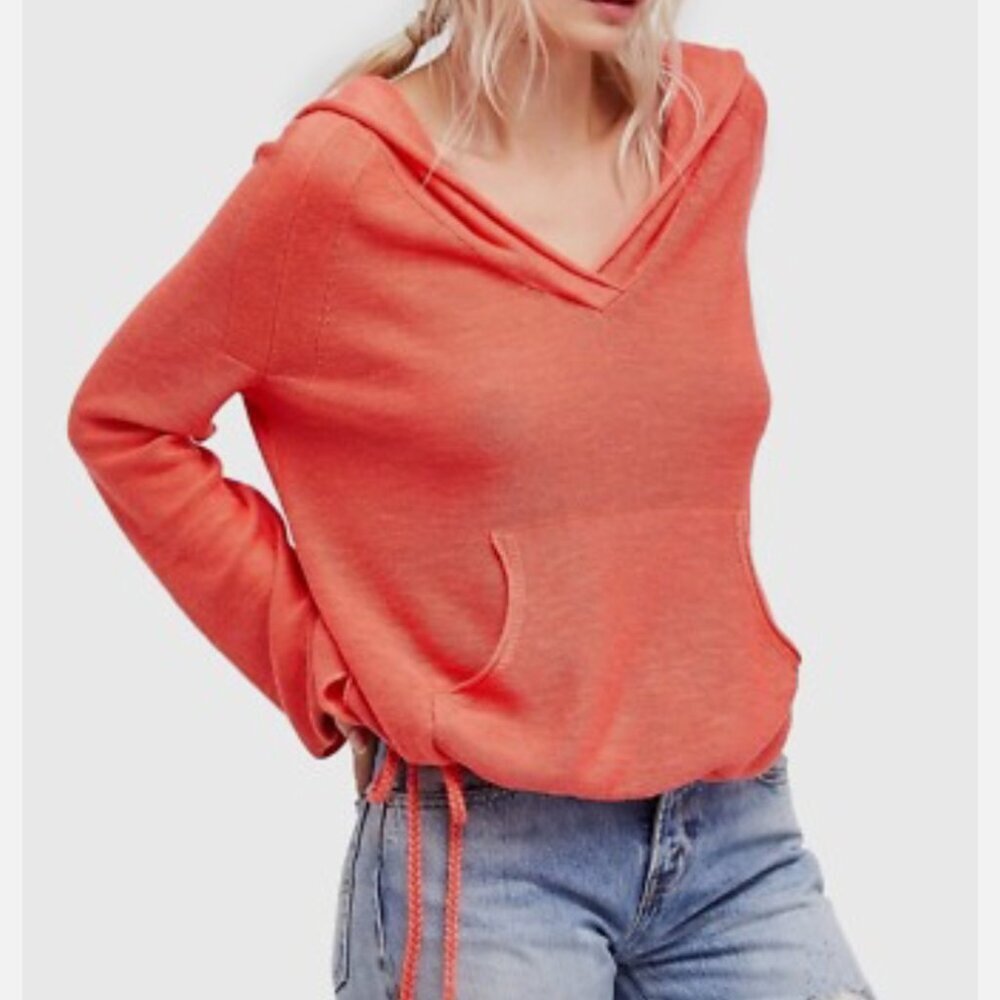 FREE PEOPLE Optimistic Linen Blend Hoodie Pullover Sweater Coral XS